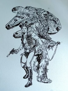 Ilustración de Han Solo y Chewbacca con el Halcón Milenario de fondo.