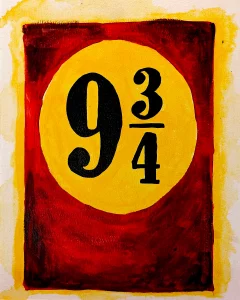 Pintura acrílica del andén 9¾ de Harry Potter en rojo y amarillo, con el número en círculo dorado sobre fondo granate, pintada a mano sobre tabla de DM.