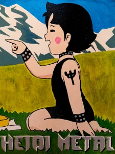 Cuadro pintado a mano de Heidi versión heavy metal señalando en la montaña