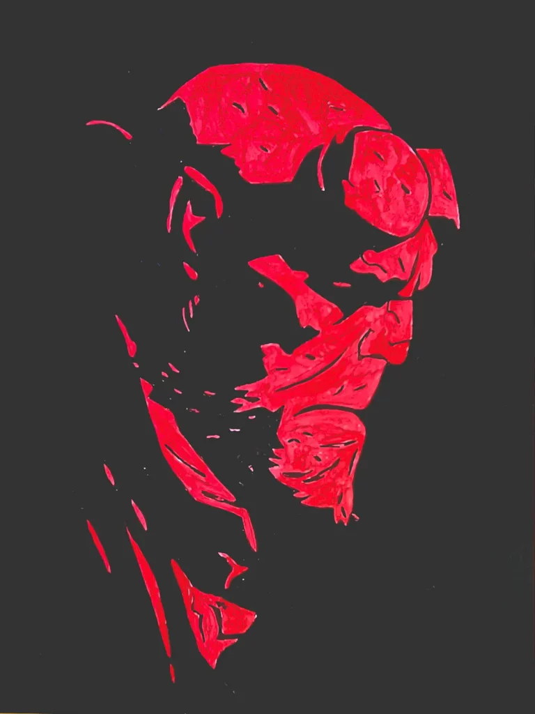 Retrato de Hellboy en estilo stencil con colores rojo y negro.