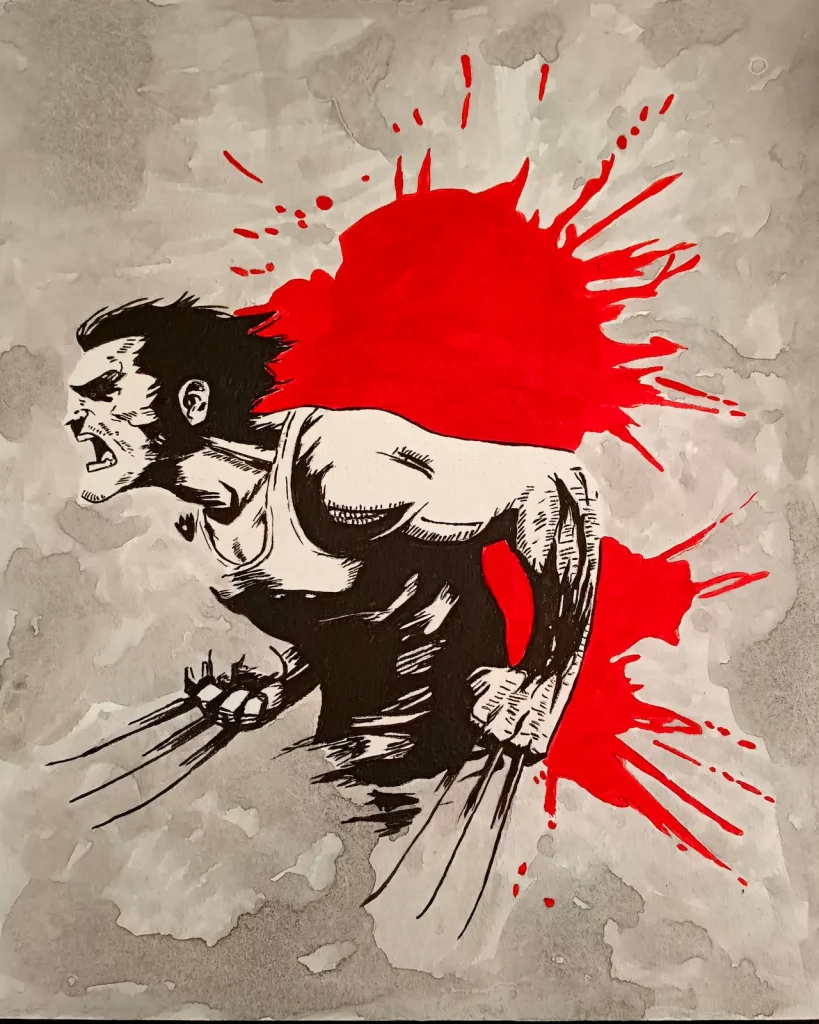 Cuadro pintado a mano de Wolverine Lobezno con garras y salpicaduras rojas