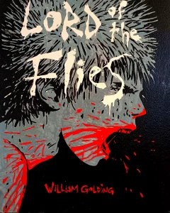 Pintura acrílica inspirada en la portada de El Señor de las Moscas de William Golding, con figura gritando en gris y rojo sobre fondo negro, pintada a mano sobre tabla de DM.
