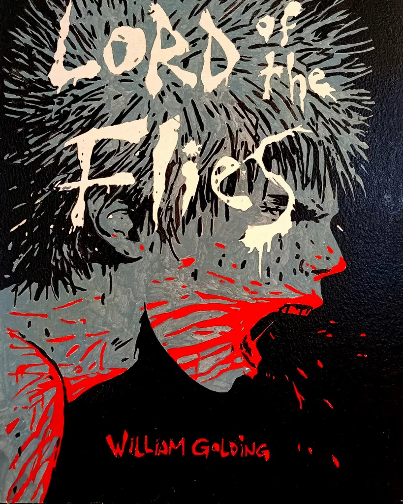 Pintura acrílica inspirada en la portada de El Señor de las Moscas de William Golding, con figura gritando en gris y rojo sobre fondo negro, pintada a mano sobre tabla de DM.