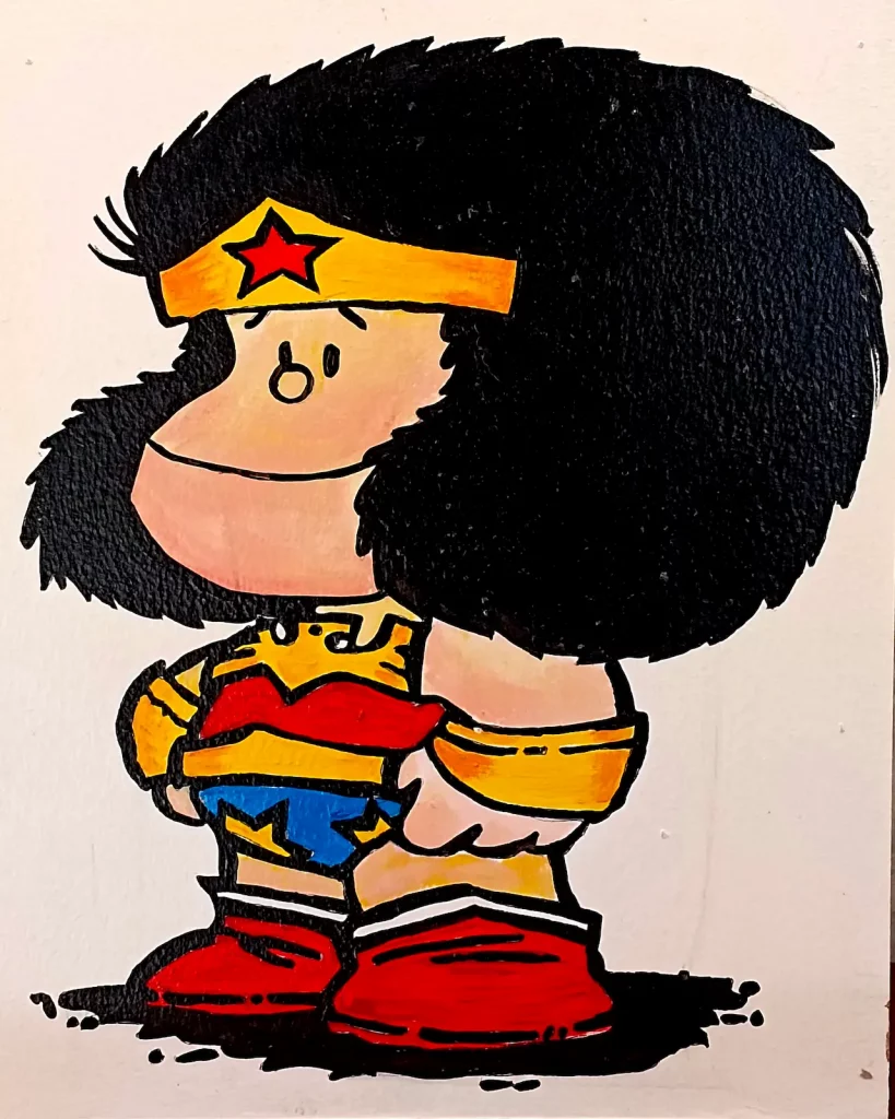 Cuadro pintado a mano de Mafalda disfrazada de Wonder Woman en estilo cómic