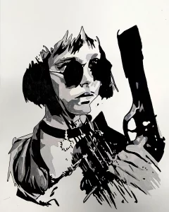 Cuadro acrílico a pincel de Mathilda de 'Léon: The Professional' con gafas de sol y pistola. Estilo cómic en blanco y negro.