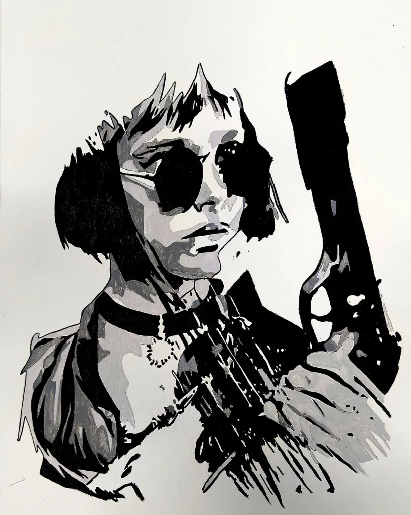Cuadro acrílico a pincel de Mathilda de 'Léon: The Professional' con gafas de sol y pistola. Estilo cómic en blanco y negro.