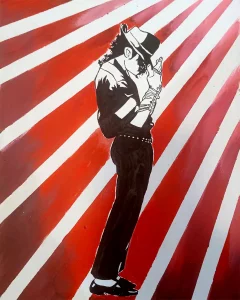 Pintura acrílica de Michael Jackson de perfil con sombrero y guante, sobre fondo de franjas rojas y blancas.