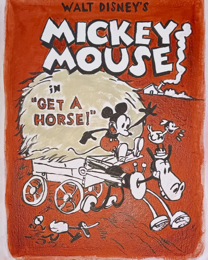 Pintura acrílica estilo vintage de Mickey Mouse en el corto "Get a Horse!" sobre tabla de DM de 30x40.
