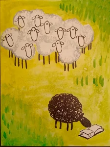 Cuadro pintado a mano de una oveja negra leyendo un libro separada del resto del rebaño