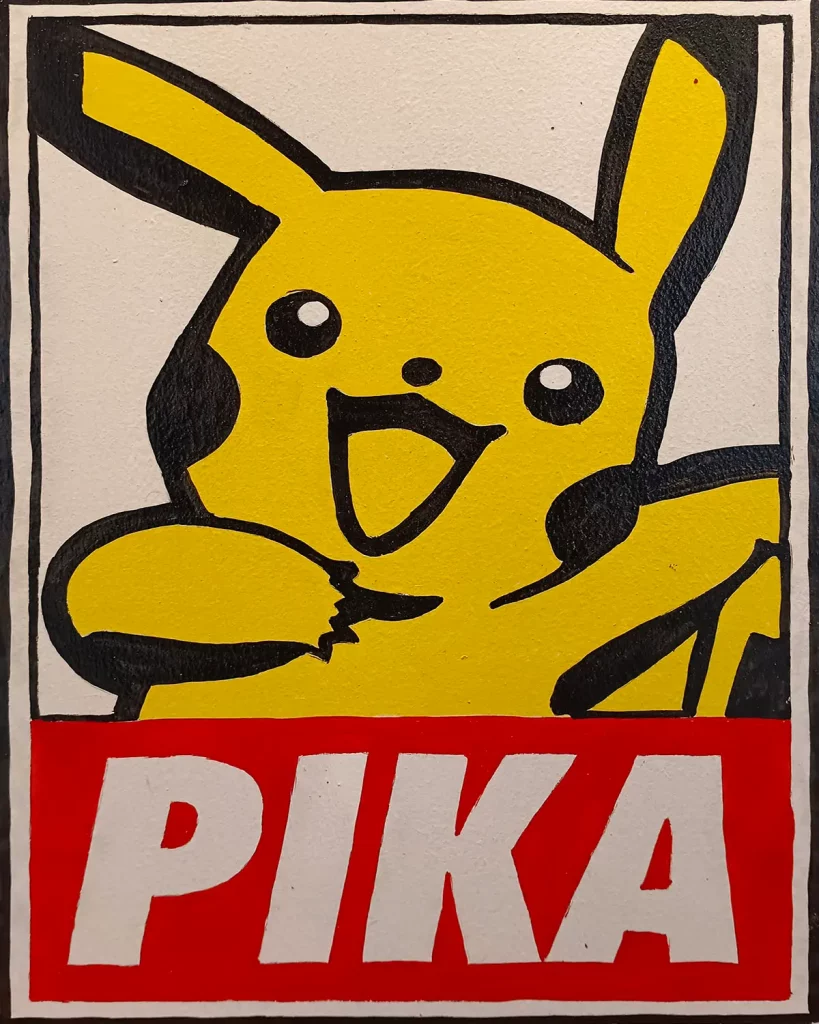 Pintura acrílica de Pikachu en estilo cartel Obey con el texto "PIKA" en rojo y blanco, pintada a mano sobre tabla de DM.