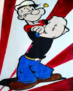 Pintura acrílica de Popeye sosteniendo a Olivia en brazos sobre fondo de rayas rojas y blancas estilo pop art, pintada a mano sobre tabla de DM.