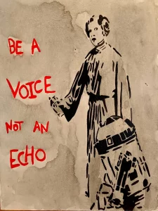 Cuadro pintado a mano de la Princesa Leia con R2-D2 y la frase “Be a voice not an echo”