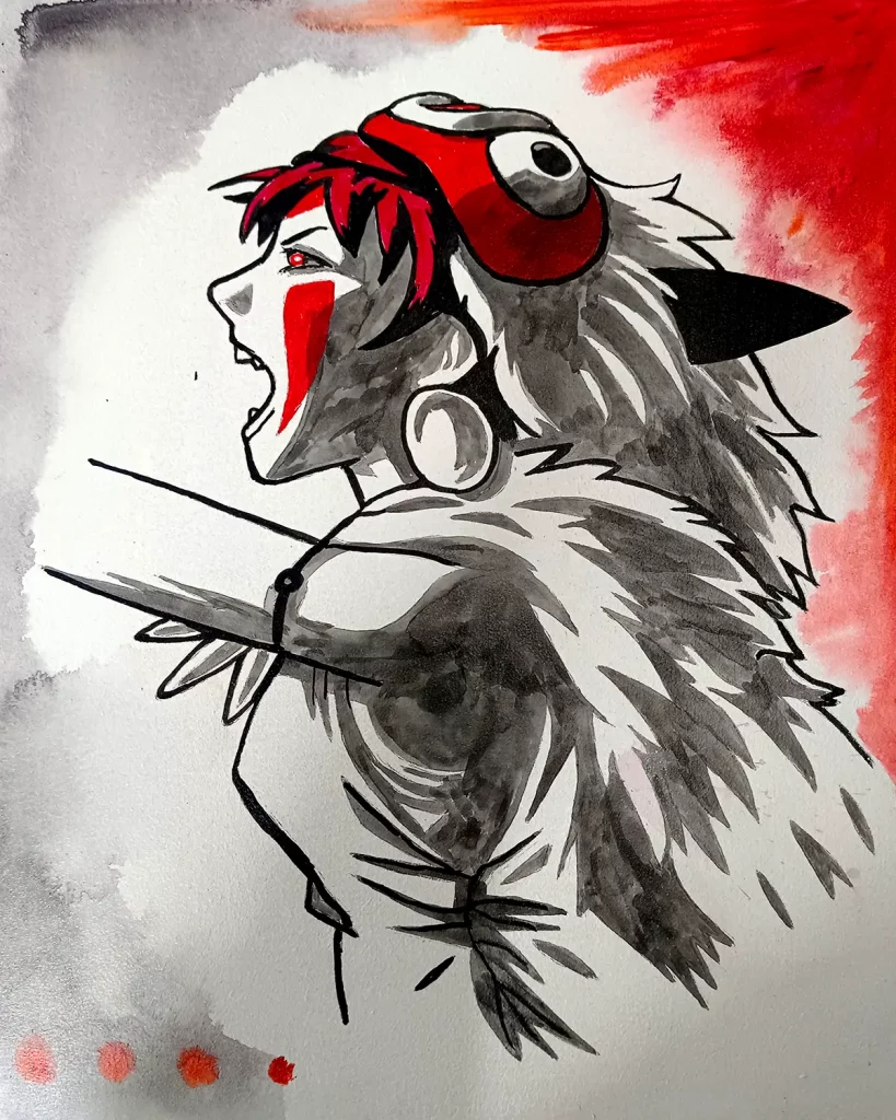 Pintura en tinta y acuarela de la Princesa Mononoke de Miyazaki con máscara de lobo y marca roja en el rostro, en grises y rojo, pintada a mano sobre tabla de DM.