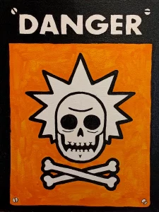 Cuadro pintado a mano de Rick Sánchez en forma de calavera con símbolo de peligro estilo Rick and Morty