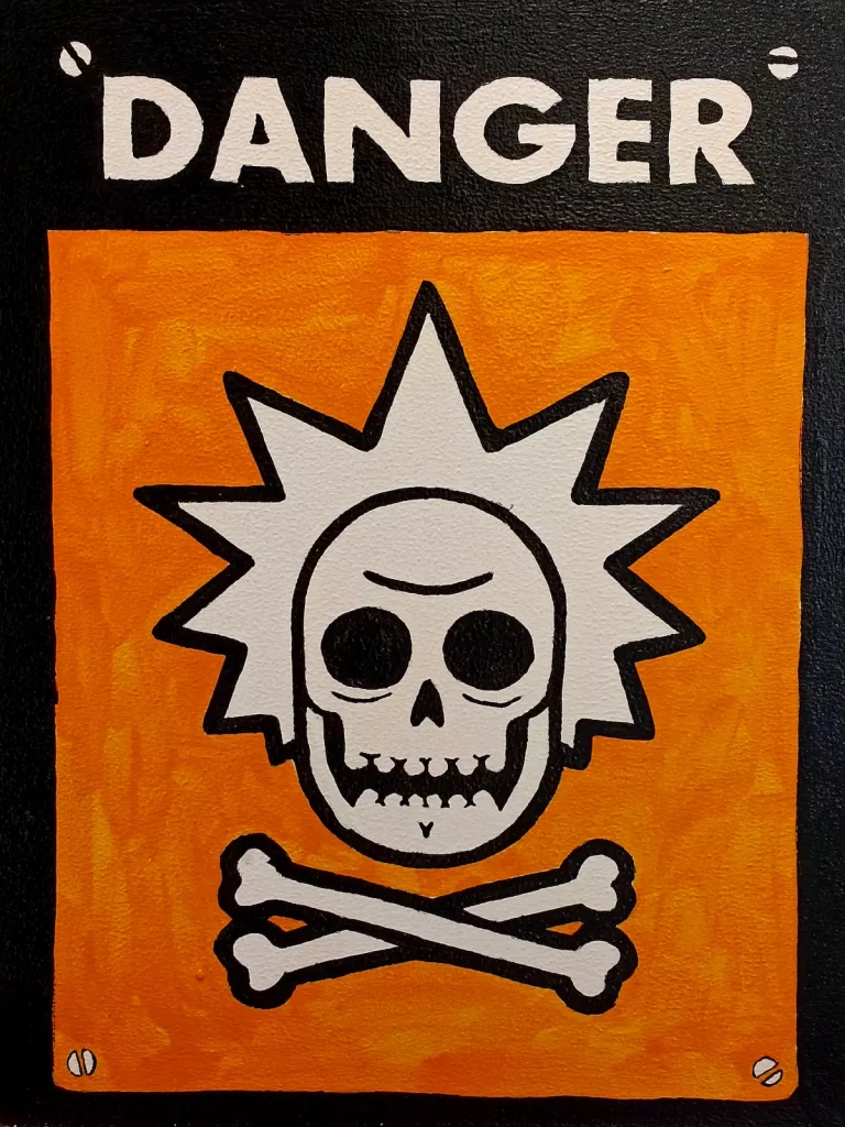 Cuadro pintado a mano de Rick Sánchez en forma de calavera con símbolo de peligro estilo Rick and Morty