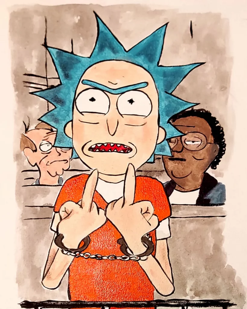 Pintura acrílica de Rick Sanchez esposado con mono naranja de preso, haciendo el gesto del dedo corazón, pintado a mano sobre tabla de DM.