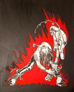 Pintura acrílica de un guitarrista de rock golpeando su guitarra contra el suelo, en blanco y rojo sobre fondo negro con llamas, pintada a mano sobre tabla de DM.