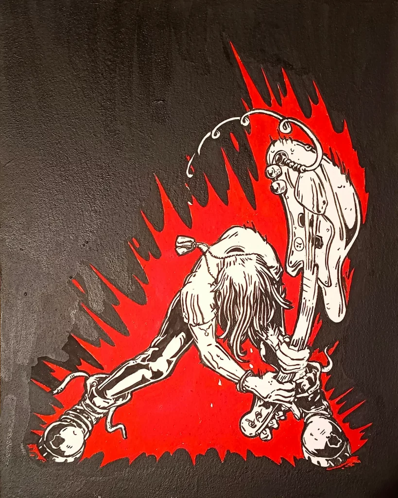 Pintura acrílica de un guitarrista de rock golpeando su guitarra contra el suelo, en blanco y rojo sobre fondo negro con llamas, pintada a mano sobre tabla de DM.