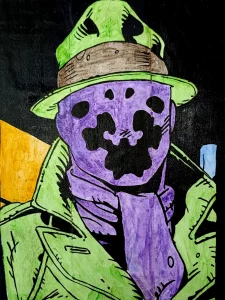 Ilustración de Rorschach de Watchmen con máscara y sombrero.