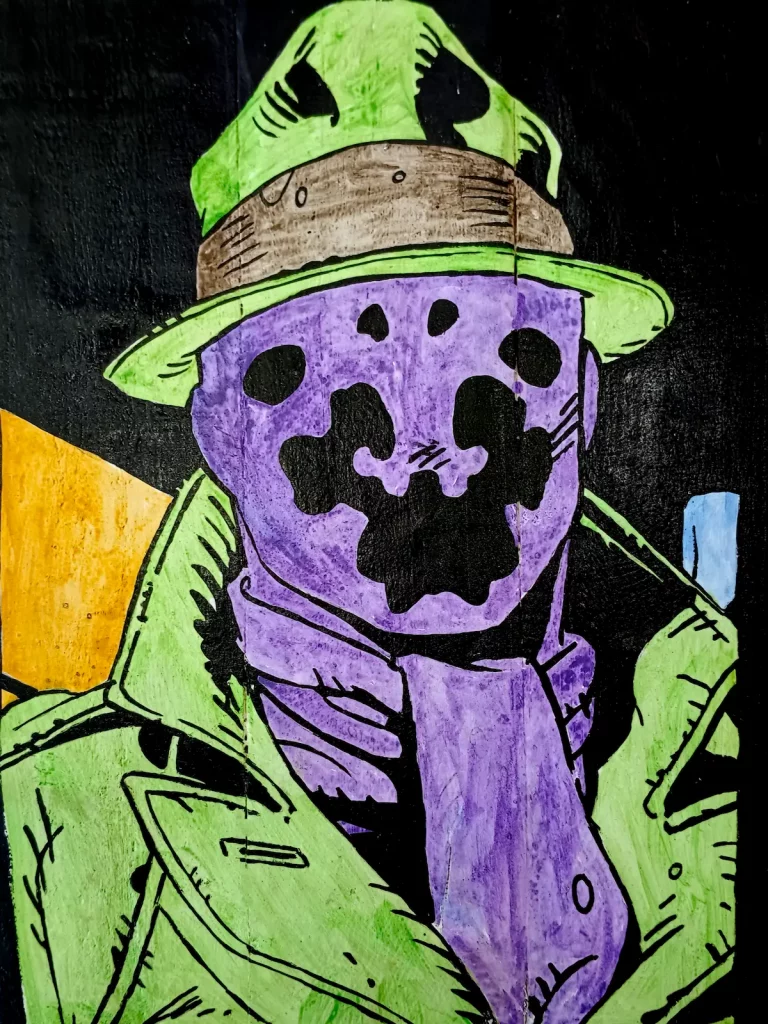 Ilustración de Rorschach de Watchmen con máscara y sombrero.