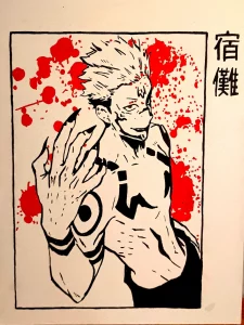 Cuadro pintado a mano de Sukuna del anime Jujutsu Kaisen con salpicaduras rojas