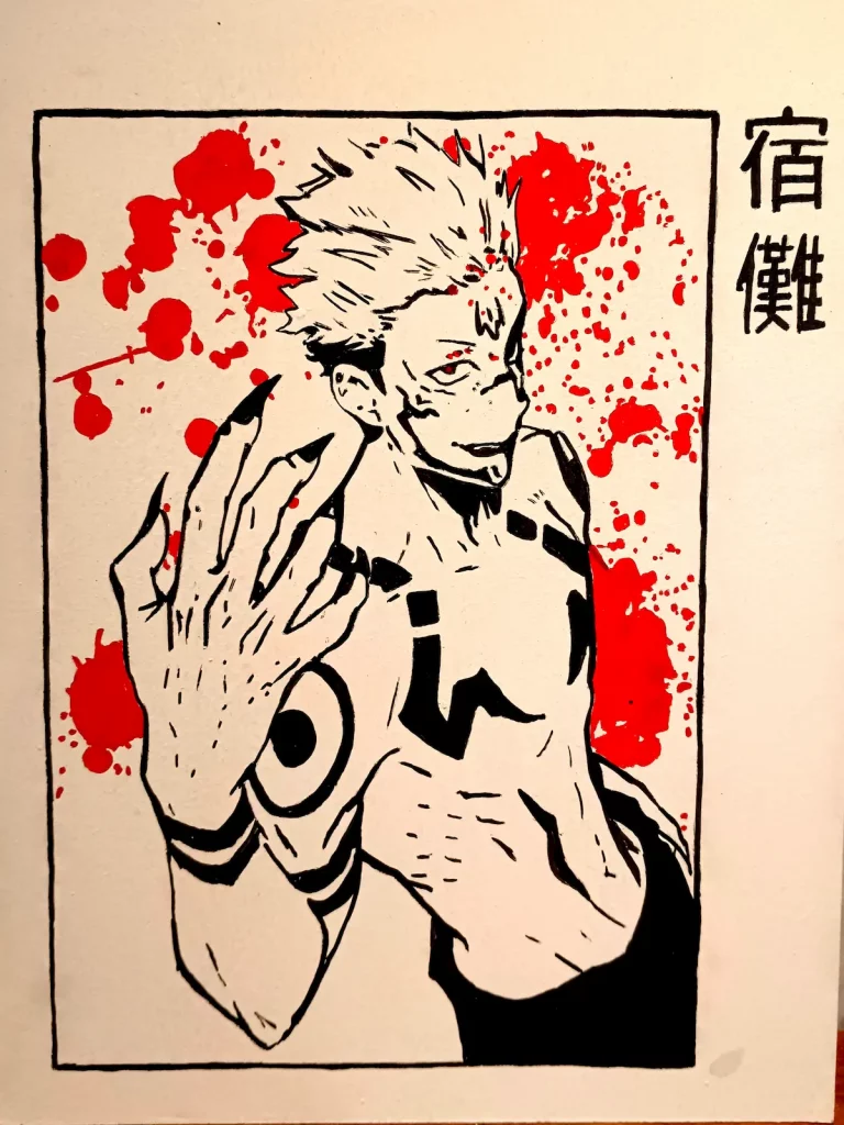 Cuadro pintado a mano de Sukuna del anime Jujutsu Kaisen con salpicaduras rojas
