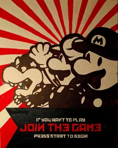 Pintura acrílica de Super Mario y Bowser sobre fondo de rayos rojos y blancos con el texto "Join the Game".
