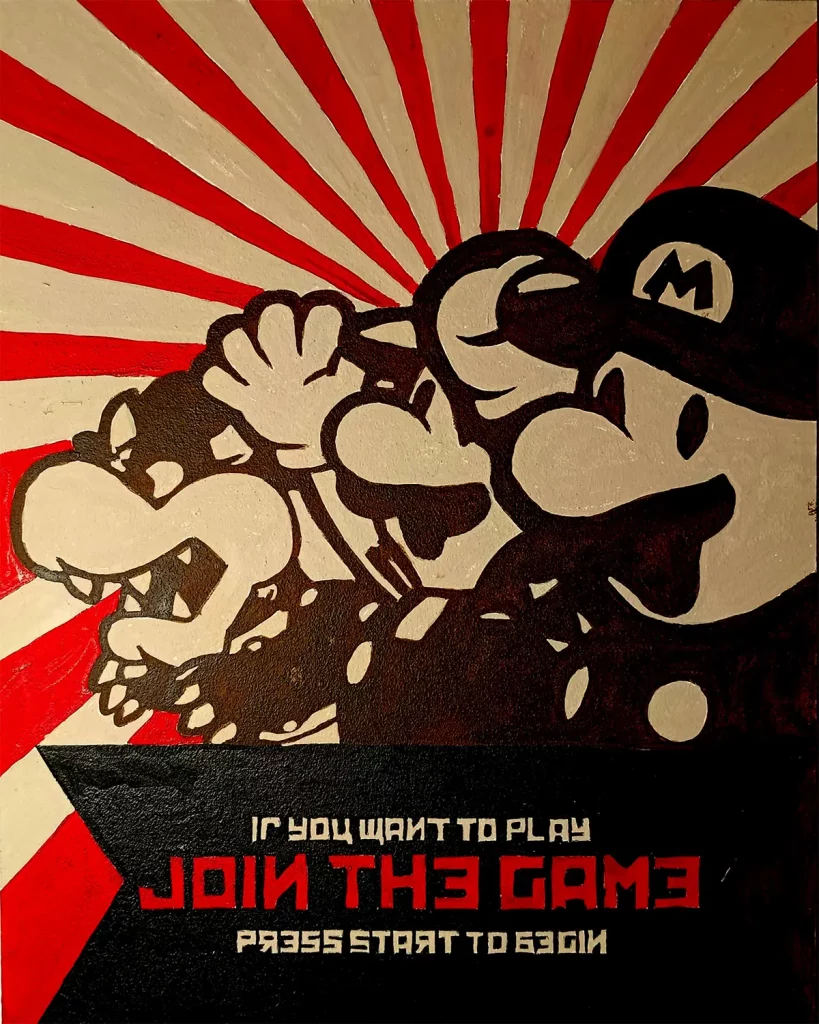Pintura acrílica de Super Mario y Bowser sobre fondo de rayos rojos y blancos con el texto "Join the Game".