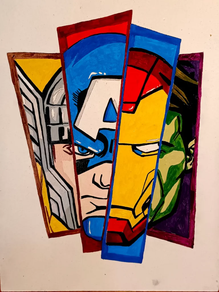 Cuadro pintado a mano con los rostros de Thor, Capitán América, Iron Man y Hulk en estilo cómic