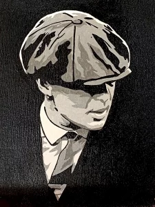 Cuadro pintado a mano de Thomas Shelby con boina estilo Peaky Blinders en blanco y negro