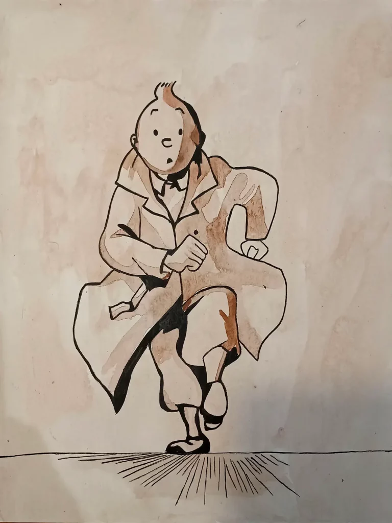 Ilustración de Tintín corriendo con gabardina en estilo cómic clásico.