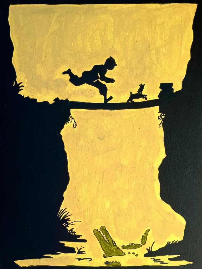 Cuadro pintado a mano de Tintín y Milú corriendo sobre un puente con un cocodrilo debajo