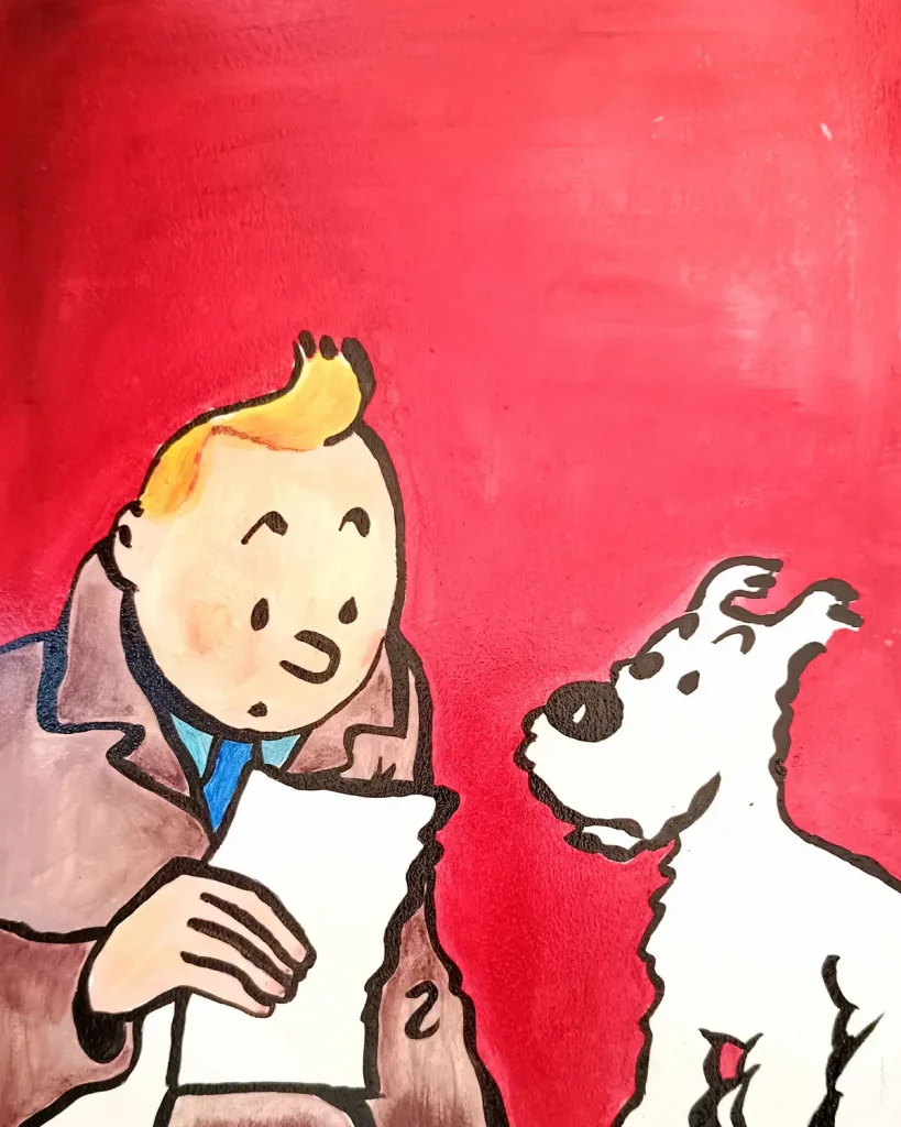 Texto Alt SEO: Pintura acrílica de Tintín leyendo una carta junto a Milú sobre un fondo rojo intenso.