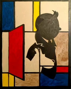 Pintura acrílica de la silueta de Tintín con Milú en negro sobre composición estilo Mondrian con bloques de color rojo, azul y amarillo, pintada a mano sobre tabla de DM.