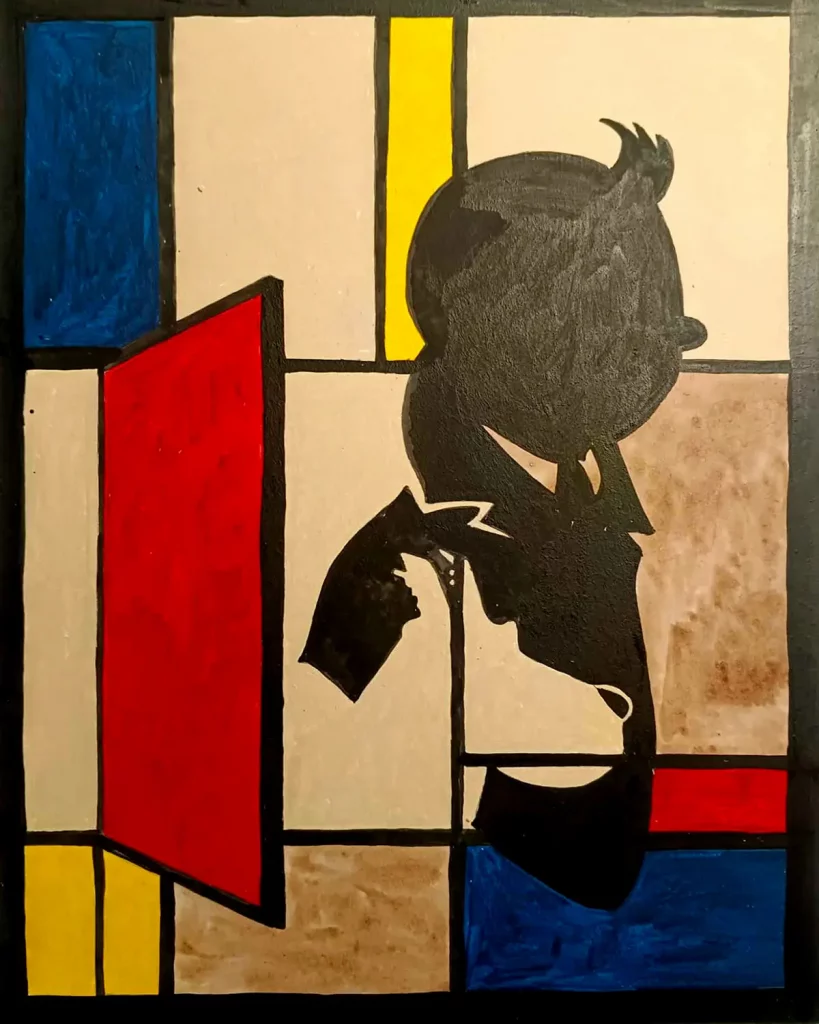 Pintura acrílica de la silueta de Tintín con Milú en negro sobre composición estilo Mondrian con bloques de color rojo, azul y amarillo, pintada a mano sobre tabla de DM.