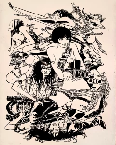 Ilustración en tinta negra de Valentina, el personaje de Guido Crepax, rodeada de figuras fantásticas y guerreras en una composición densa al estilo del cómic europeo adulto, pintada a mano sobre tabla de DM.
