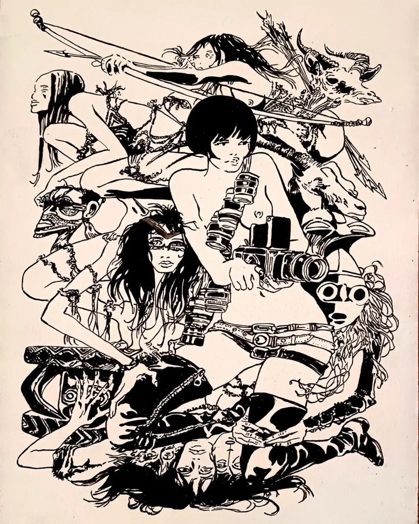 Ilustración en tinta negra de Valentina, el personaje de Guido Crepax, rodeada de figuras fantásticas y guerreras en una composición densa al estilo del cómic europeo adulto, pintada a mano sobre tabla de DM.