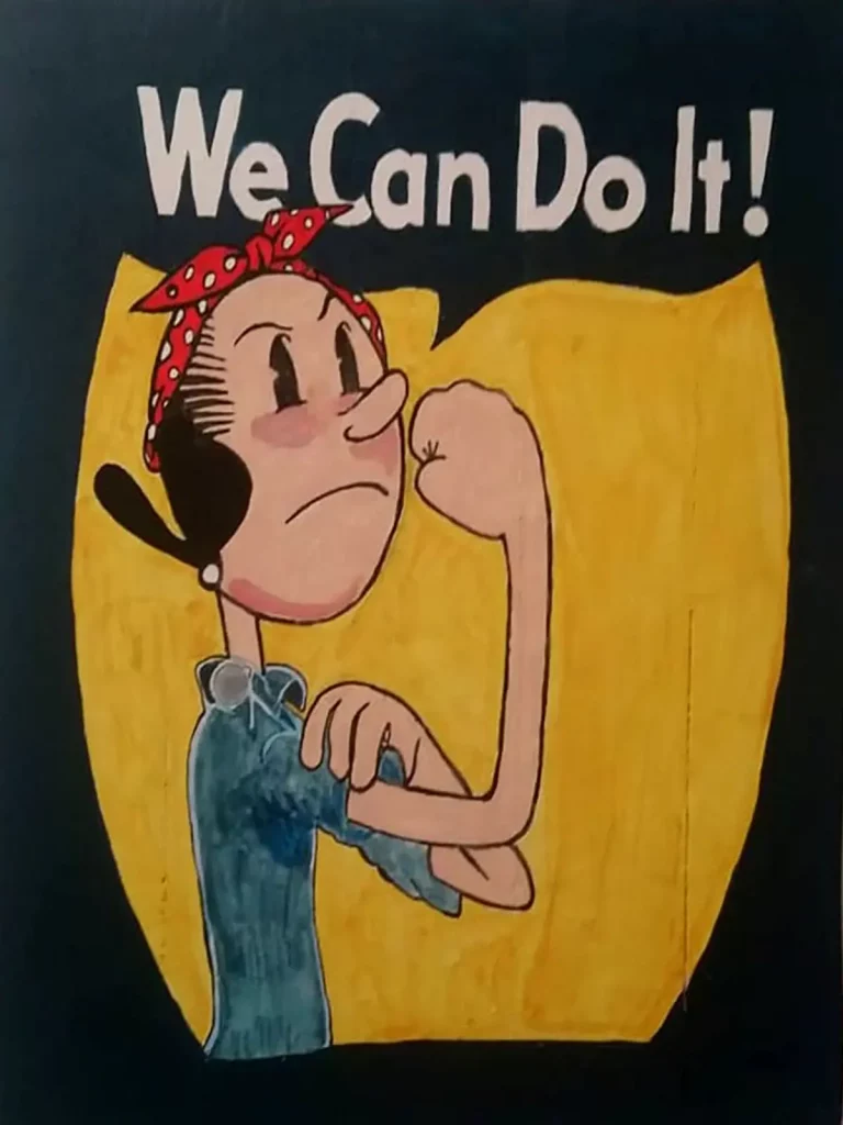 Ilustración estilo cómic inspirada en “We Can Do It” con personaje femenino levantando el brazo.