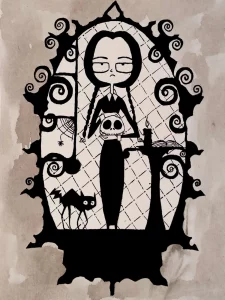 Cuadro pintado a mano de Miércoles Addams con estética gótica rodeada de elementos oscuros y decoración estilo Burton