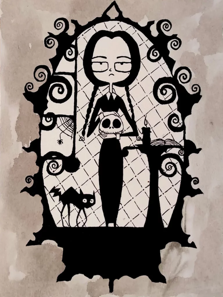 Cuadro pintado a mano de Miércoles Addams con estética gótica rodeada de elementos oscuros y decoración estilo Burton