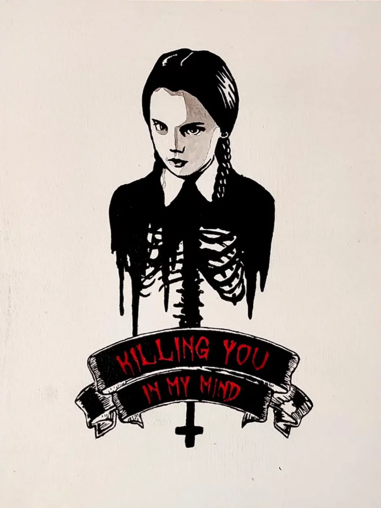 Cuadro pintado a mano de Wednesday Addams con estética gótica y mensaje “Killing you in my mind”