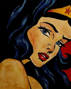 Pintura acrílica de Wonder Woman en estilo pop art con cabello azul oscuro, tiara dorada y fondo negro.