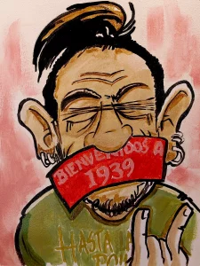 Caricatura de Evaristo Páramos con gesto punk y el mensaje “Bienvenidos a 1939” en una cinta roja sobre la boca.