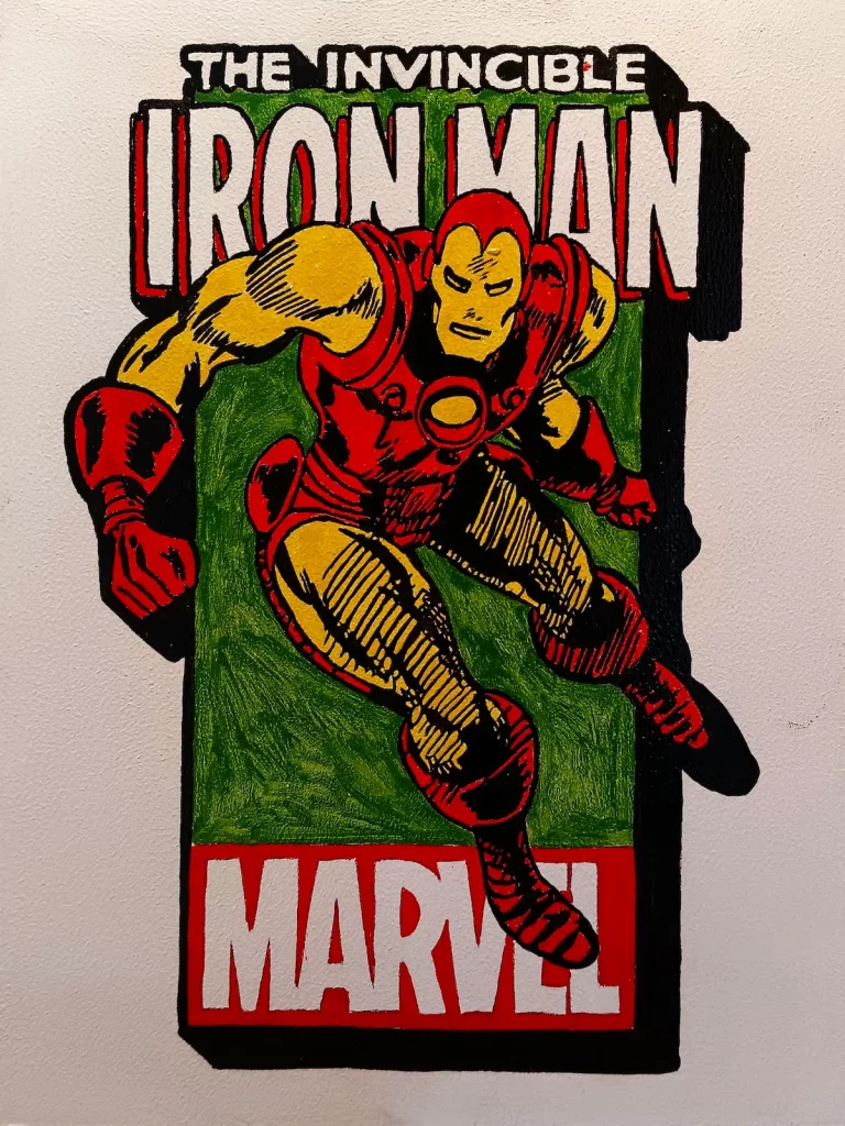Ilustración de Iron Man en estilo cómic clásico de Marvel con el texto “The Invincible Iron Man”.