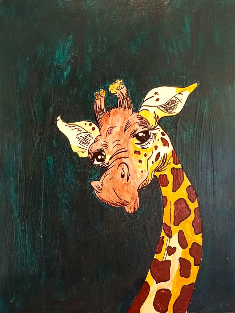 Ilustración de jirafa con expresión tierna sobre fondo verde oscuro.