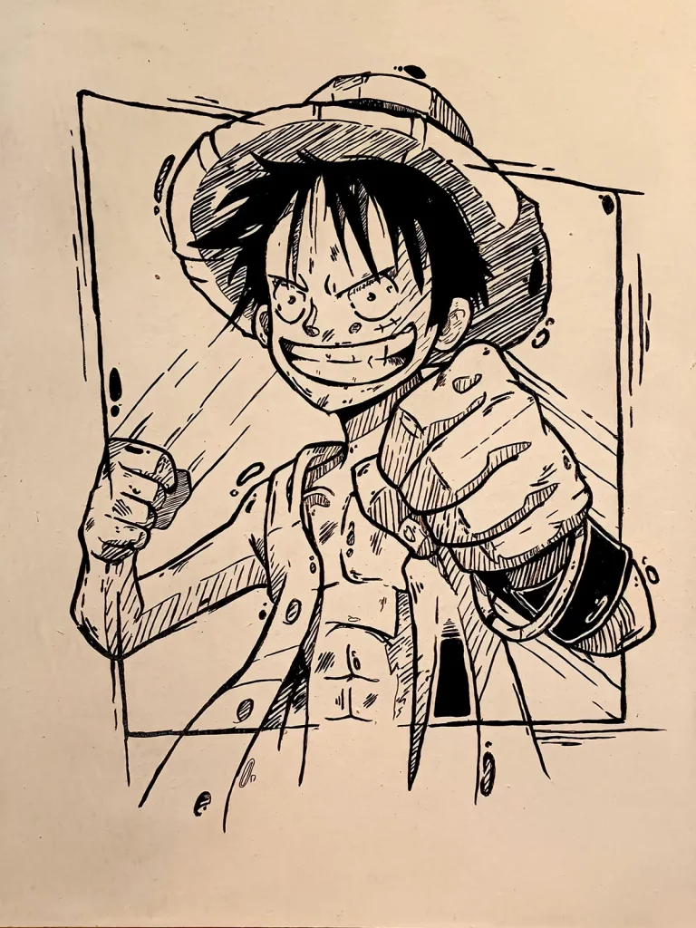Ilustración de Luffy de One Piece señalando al frente con el puño en estilo manga en blanco y negro.