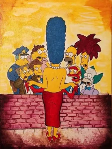 Ilustración de Marge Simpson de espaldas con vestido rojo mientras varios personajes de Springfield la observan sorprendidos al otro lado de un muro.