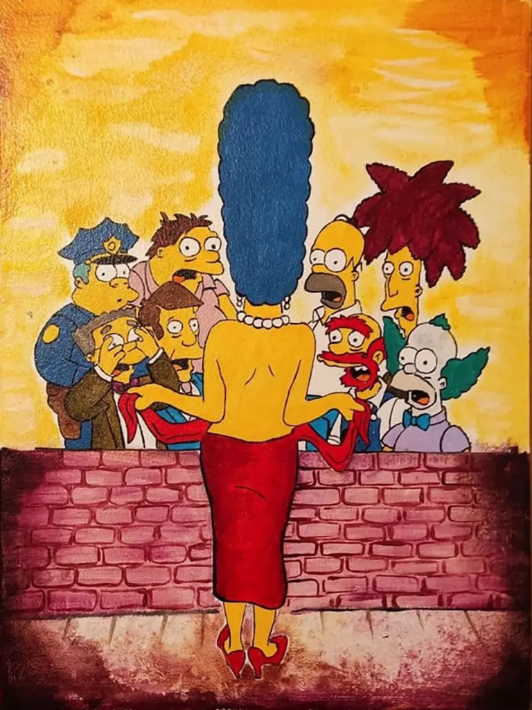Ilustración de Marge Simpson de espaldas con vestido rojo mientras varios personajes de Springfield la observan sorprendidos al otro lado de un muro.