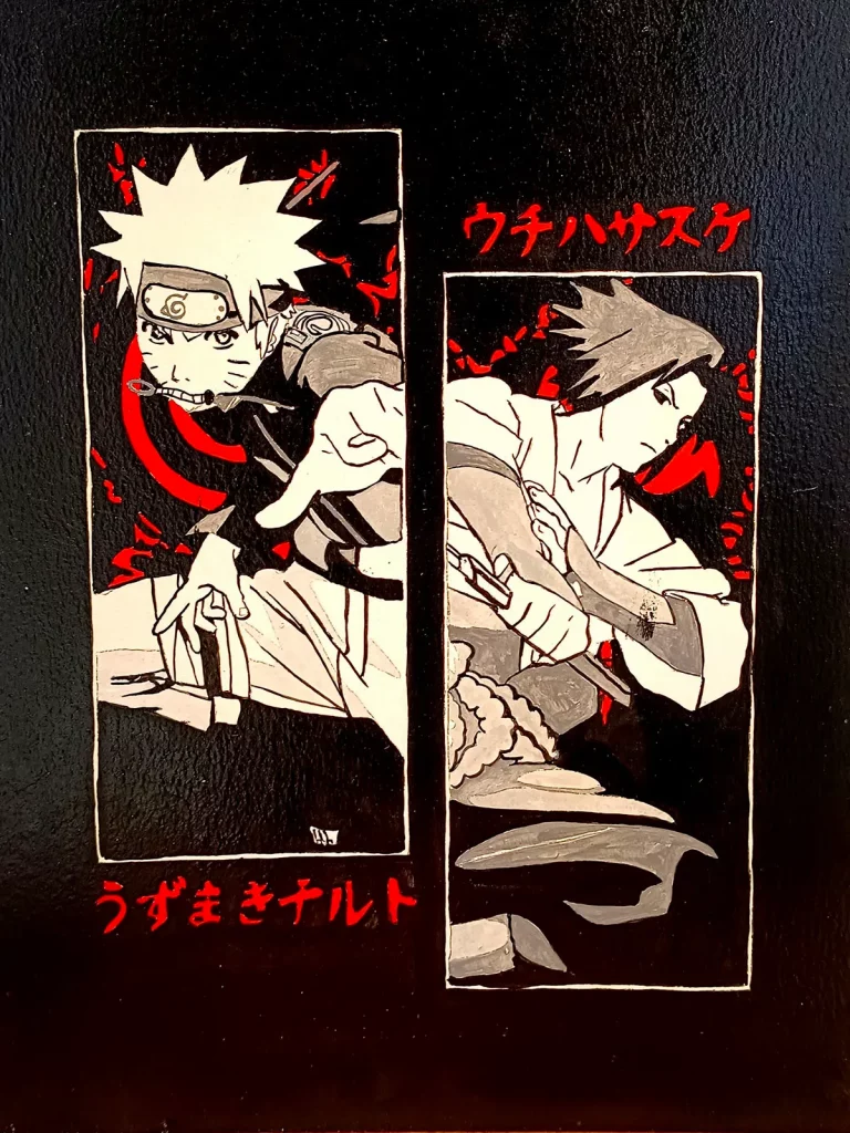 Ilustración de Naruto Uzumaki y Sasuke Uchiha en estilo manga con fondo negro y detalles rojos.