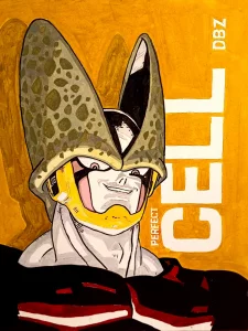 Ilustración de Perfect Cell del anime Dragon Ball con fondo amarillo y estilo manga.